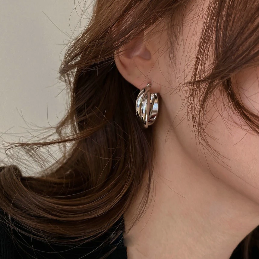 铜合金耳饰 S925银针法式ins耳环简约金属小众耳圈几何圈圈耳扣