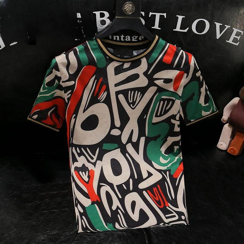 GPTSu2025新款复古创意男士花色薄款短袖t恤时尚潮流修身圆领半袖