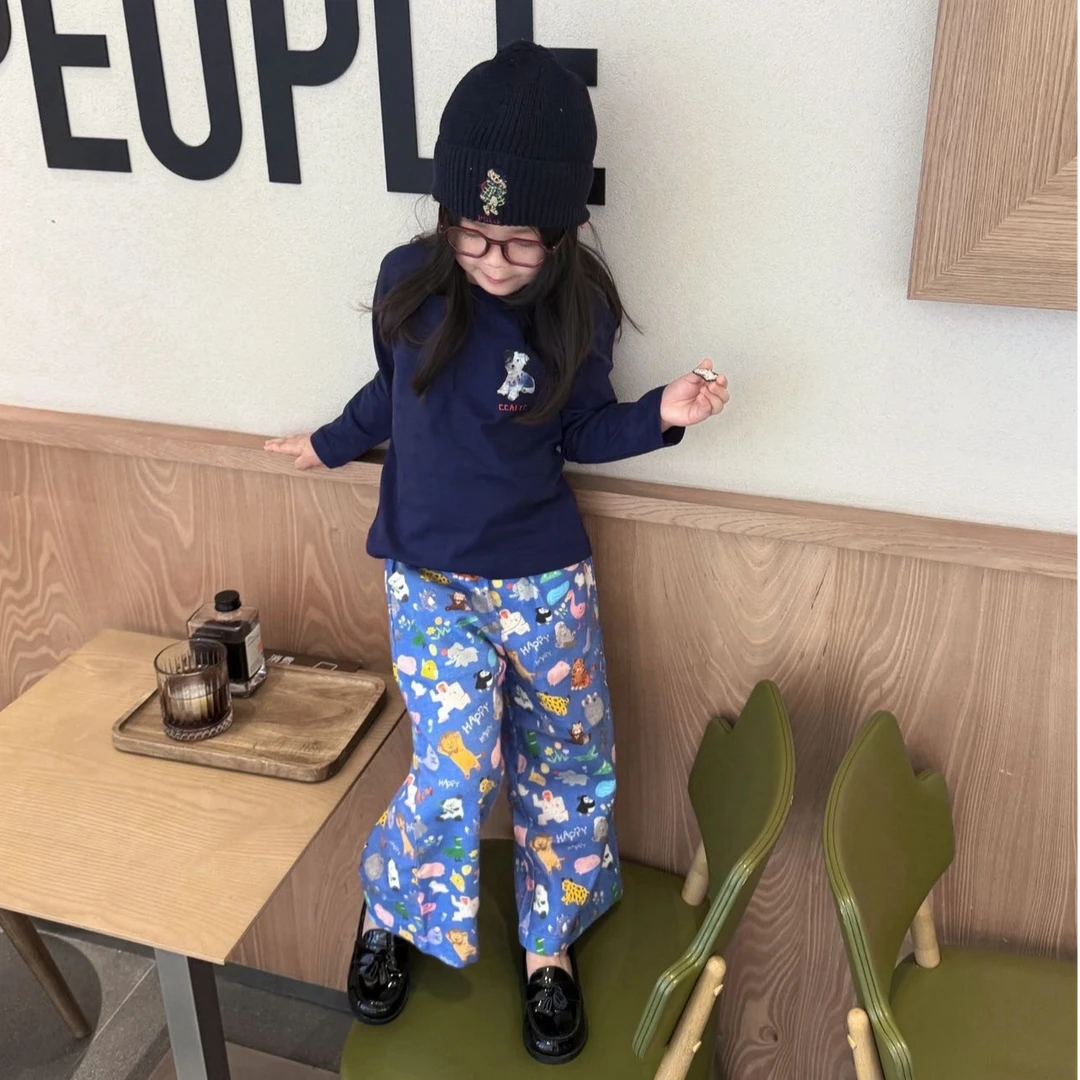 壹妈韩版童装女童秋季套装洋气儿童藏蓝色卡通印花t恤上衣阔腿裤