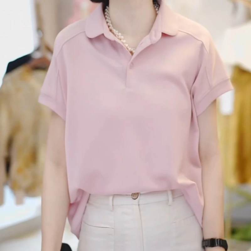 2025夏季新款宽松休闲POLO领短袖时尚设计感通勤减龄女士T恤上衣
