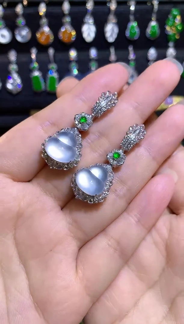 翡翠18K金镶嵌耳饰玻璃种炸光葫芦吊坠耳坠两用款