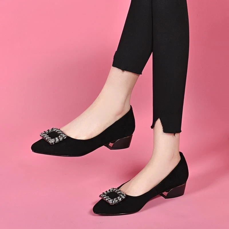 2025夏季新款方钻单鞋女磨砂低跟小单鞋百搭软皮粗跟尖头浅口女鞋
