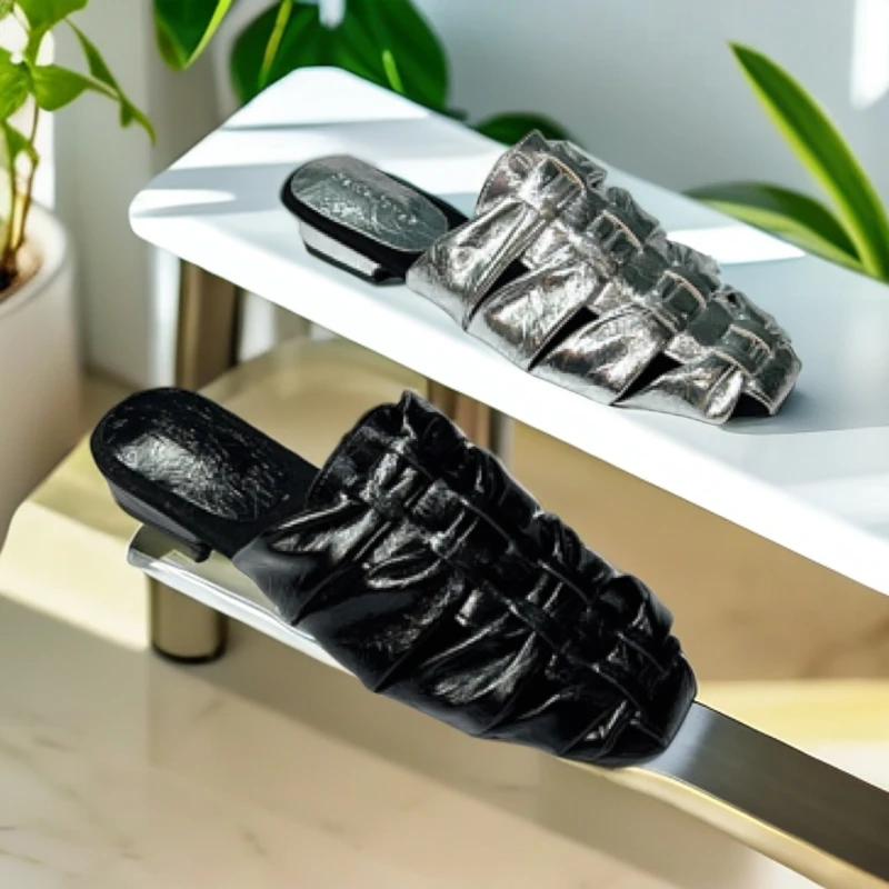 1620      凉鞋高跟半拖修面纯色休闲风平跟包头包头拖穆勒拖