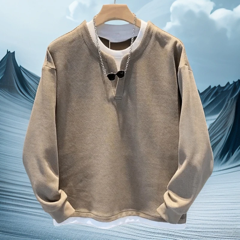 仓石一树男简约时尚V领长袖卫衣秋新款潮牌宽松百搭休闲打底衫潮