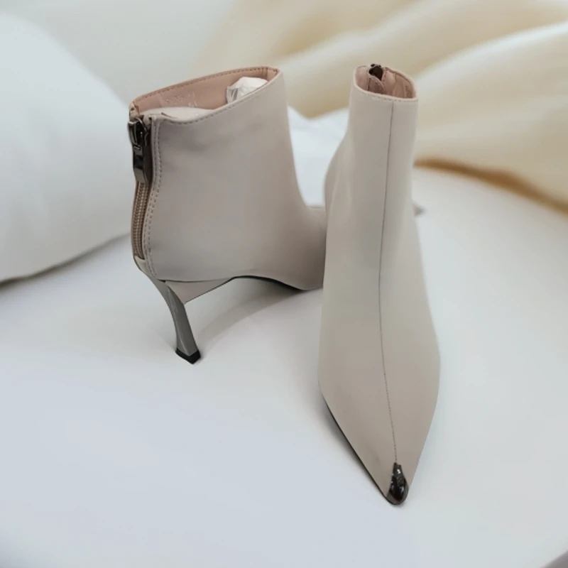 尖头高跟女细跟短靴秋冬白色靴子裸靴白色跟鞋87739