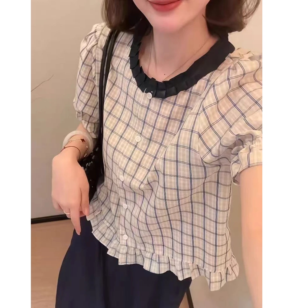【7705】法式木耳边格子短袖衬衫女夏季2025新款漂亮掐腰小衫气质