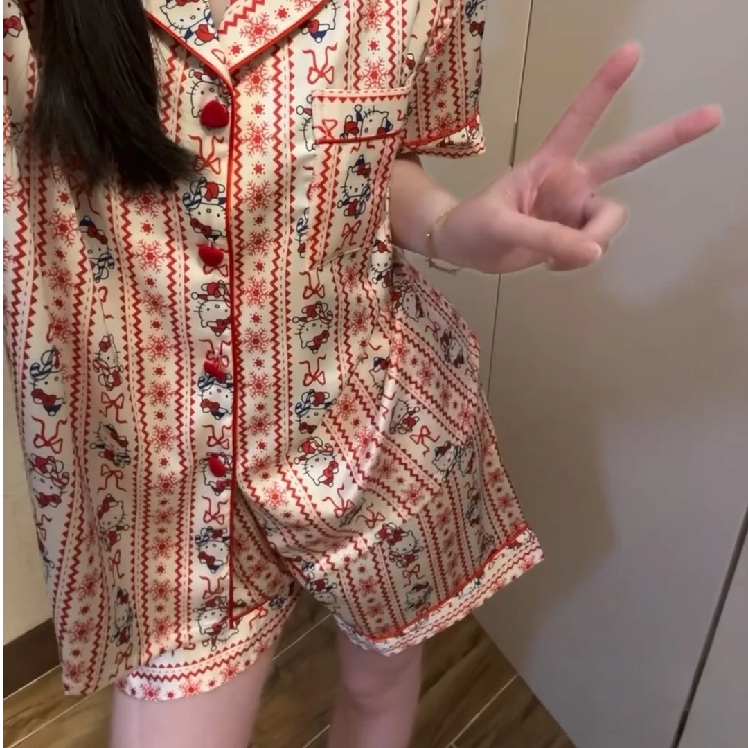 【短袖三件套】【发财kt】夏季透气缎面软丝丝滑睡衣少女裸睡感
