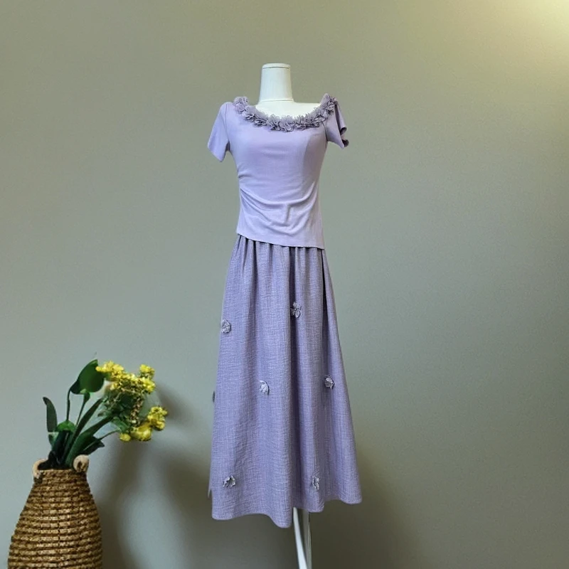 965796斜肩重工花朵套装裙女装气质显瘦时尚两件套