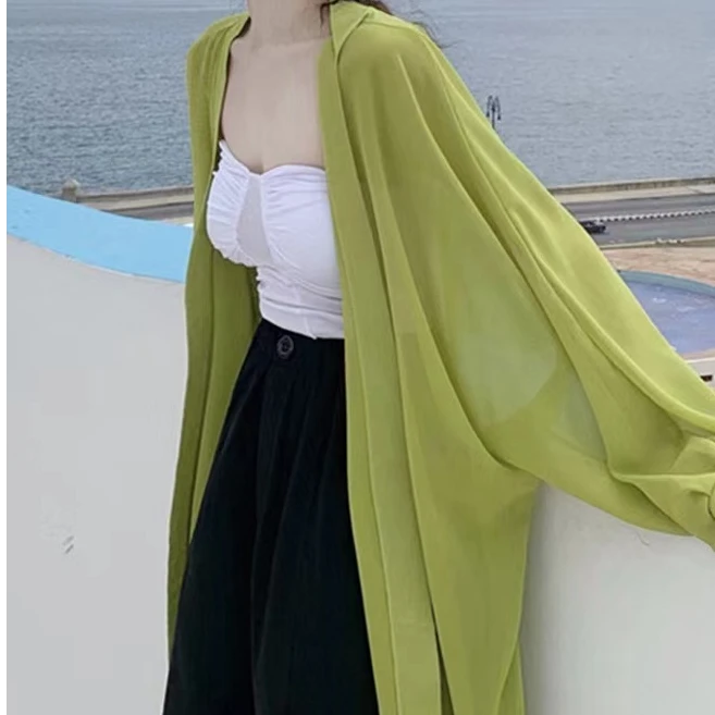 M1780牛油果绿色防晒衣针织开衫薄款雪纺外搭宽松中长款外套