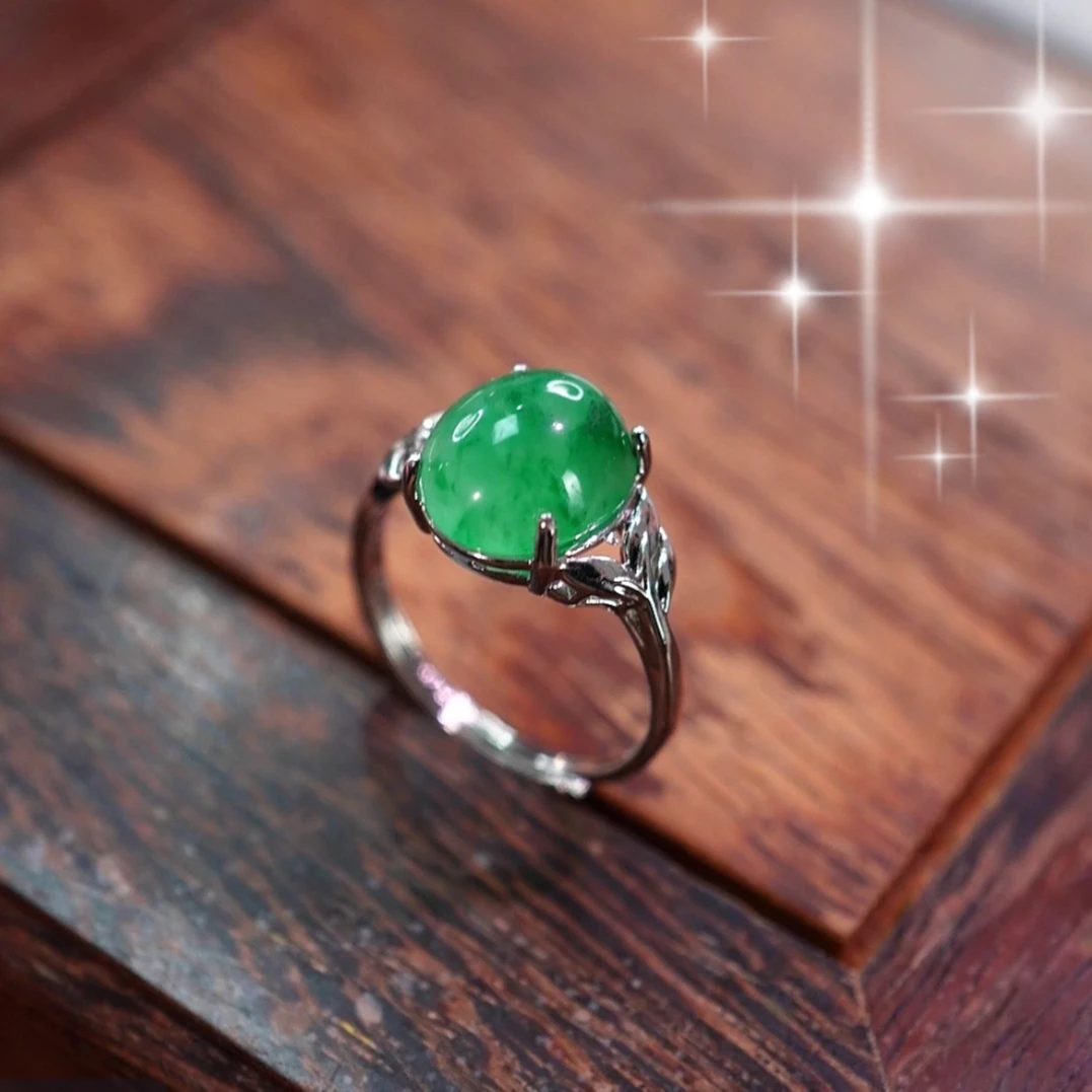 天然非洲翠冰种飘花精美蛋面戒指（天然多样性随机发一件）