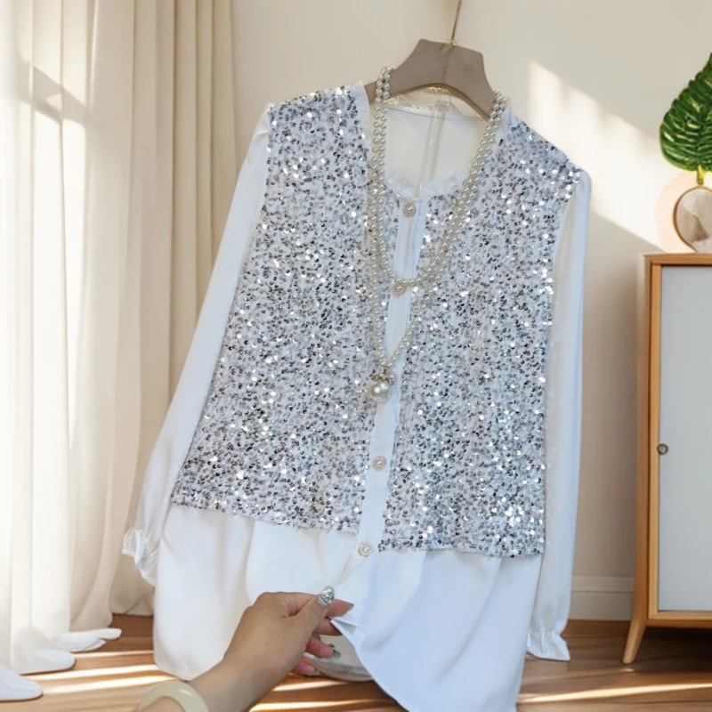 2025秋季新款欧货时尚百搭洋气宽松显瘦亮片拼接假两件衬衫上衣女