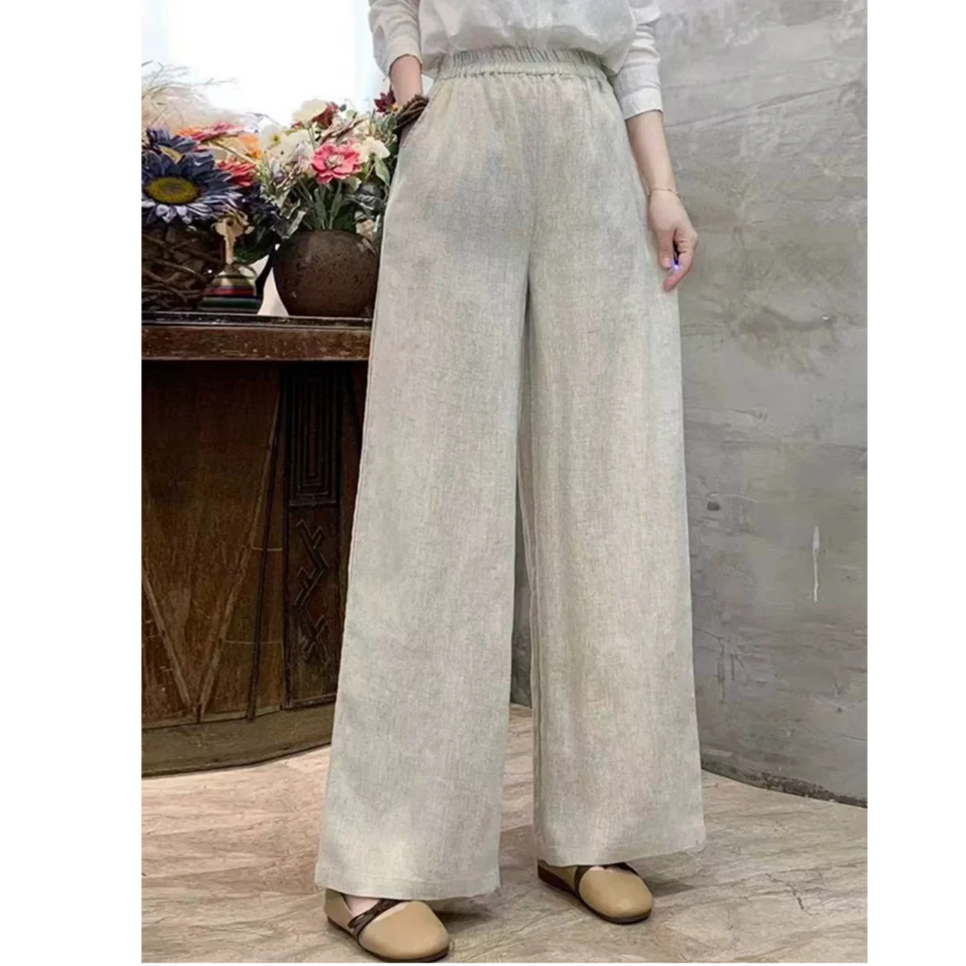 [100亚麻]松紧腰显瘦直筒阔腿裤女2025春夏百搭宽松休闲长裤8080