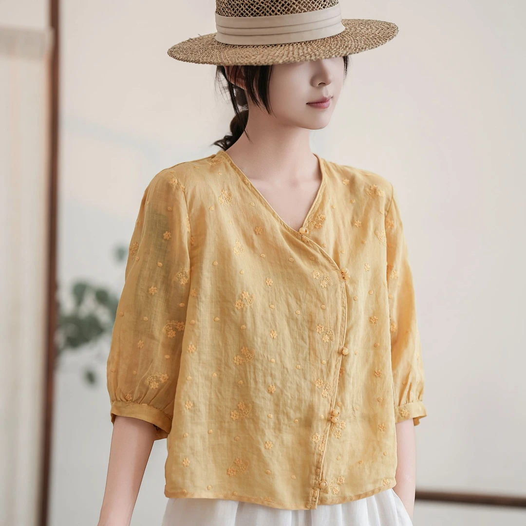 100%苎麻新中式上衣女轻奢高端2025夏季新款V领盘扣刺绣衬衫薄款