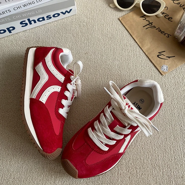 英伦风红色德训鞋女款2025秋季新款厚底透气舒适阿甘鞋软底休闲鞋