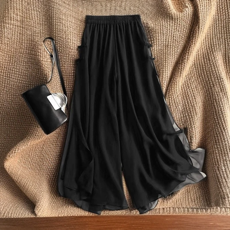 新中式国风女夏2025裙裤新款爆款高腰垂感宽松九分冰丝雪纺阔腿裤