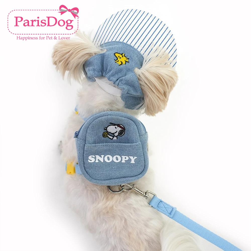 韩国parisgod【正品】史努比刺绣牛仔款小书包胸背牵引绳遮阳帽