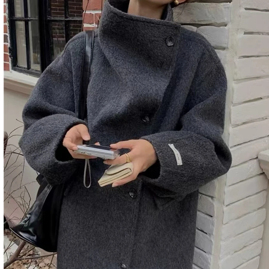 韩国原单长款大衣女款高级羊毛毛呢外套立领宽松2024年秋装
