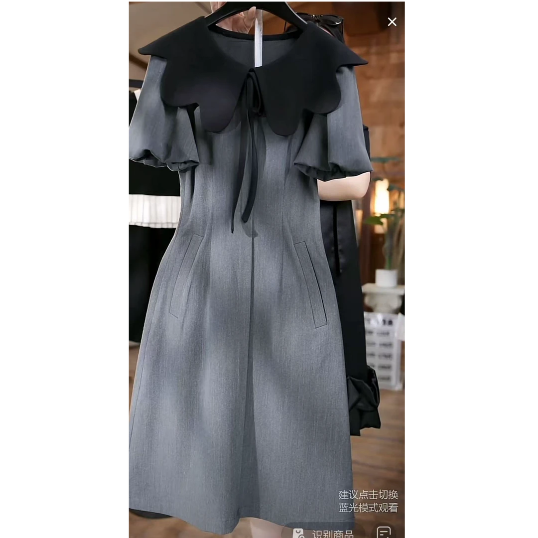 【原创大码设计师款】2025夏季新款短款灰色大码短款时装连衣裙6172