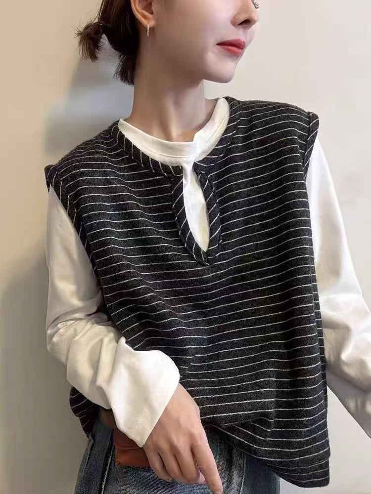 韩系假两件条纹拼接长袖女2025秋季新款宽松百搭显瘦气质小衫9602