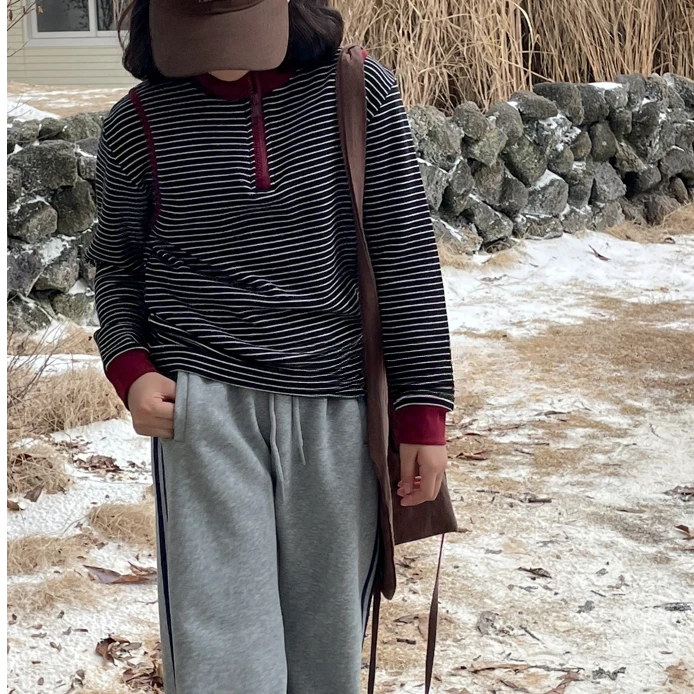 女童秋季新款打底长袖上衣儿童百搭宽松高领男童休闲条纹98158