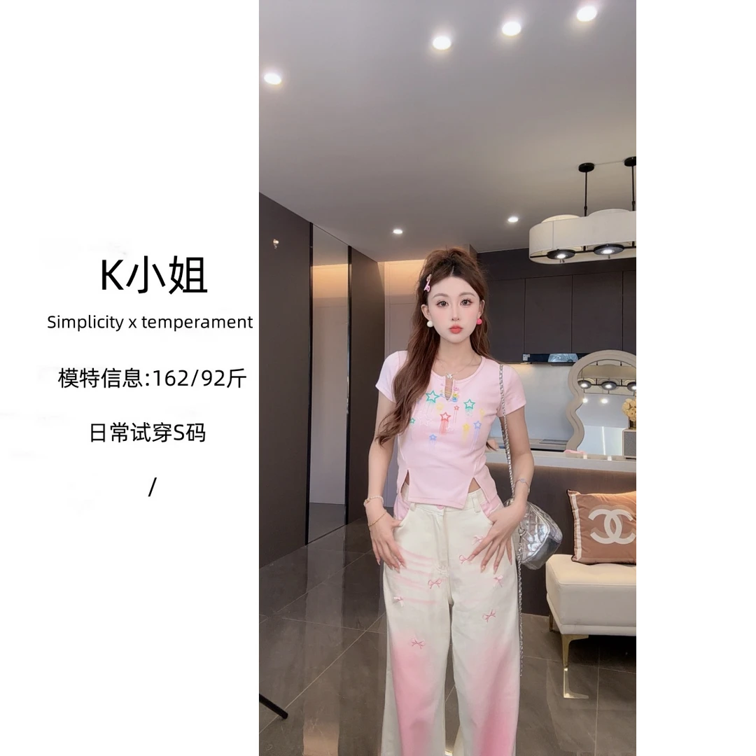 K小姐【海边情书】夏季新款气质T恤裤子JJX5TX3407 JJX5XXK3507