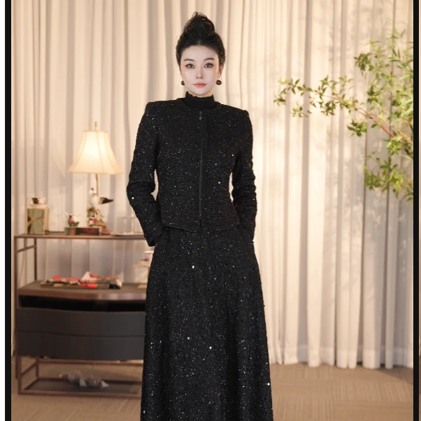 SUSSI/古色“黑珍珠2.0”圆领前中盖齿拉链收腰外套显瘦气质女