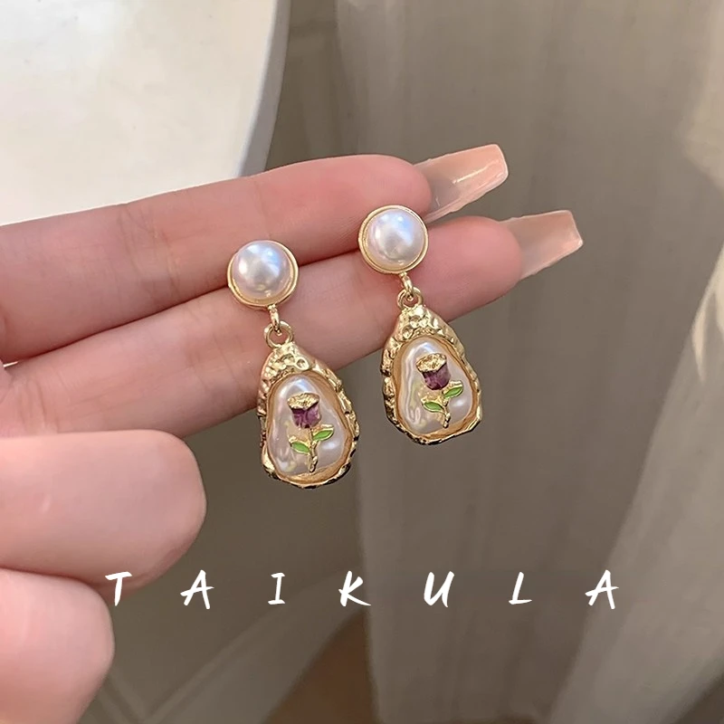 莫奈花园紫色油画风巴洛克珠珠耳环复古耳钉女轻奢高级感独特耳饰