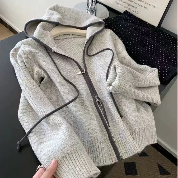 双拉链灰色连帽长袖针织开衫毛衣外套女2025新款慵懒风高级感上衣