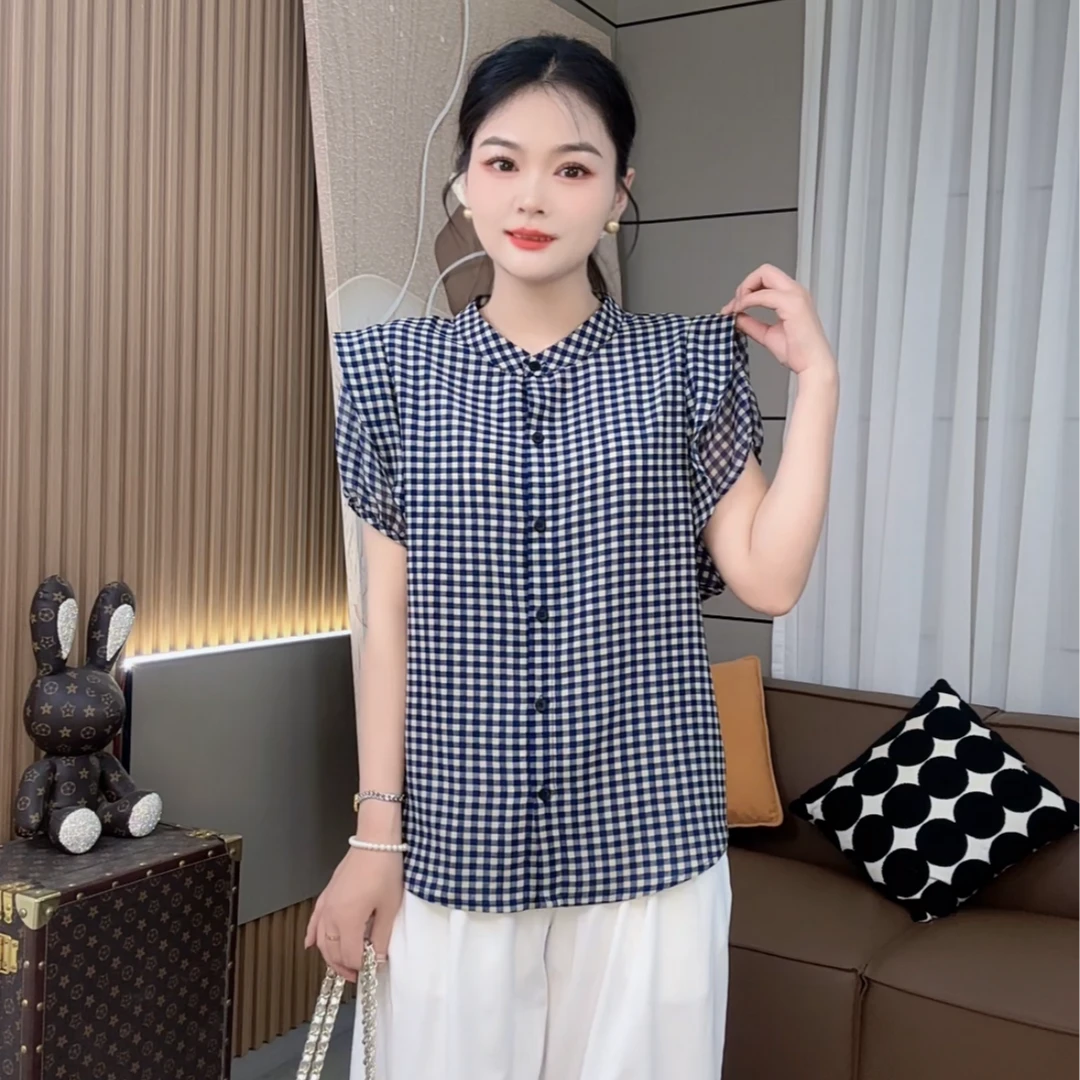荷叶边格子短袖雪纺衬衫2025夏季韩版时尚设计感小衫宽松洋气上衣