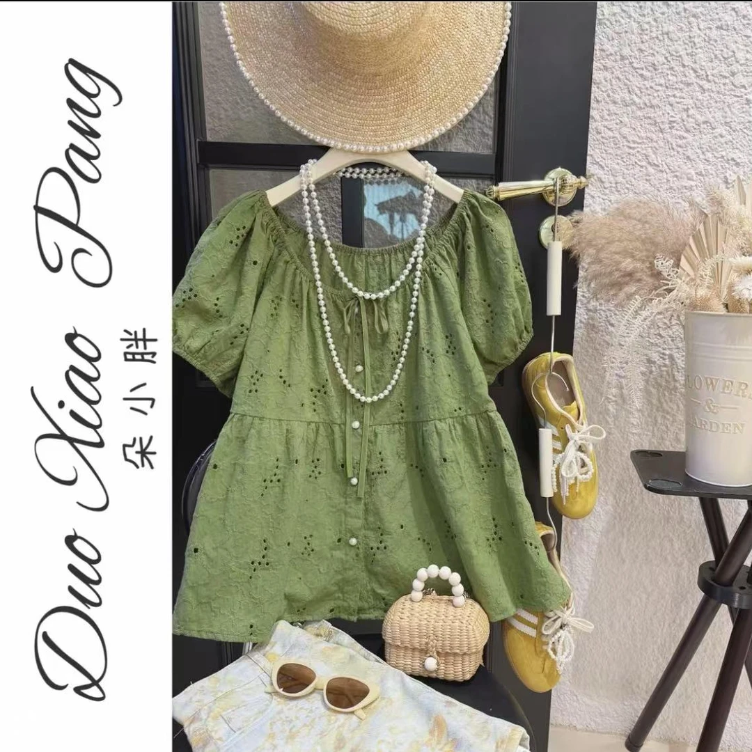 系带镂空通勤防晒泡泡袖刺绣衬衫绿色碎花夏季加宽加大女装8165