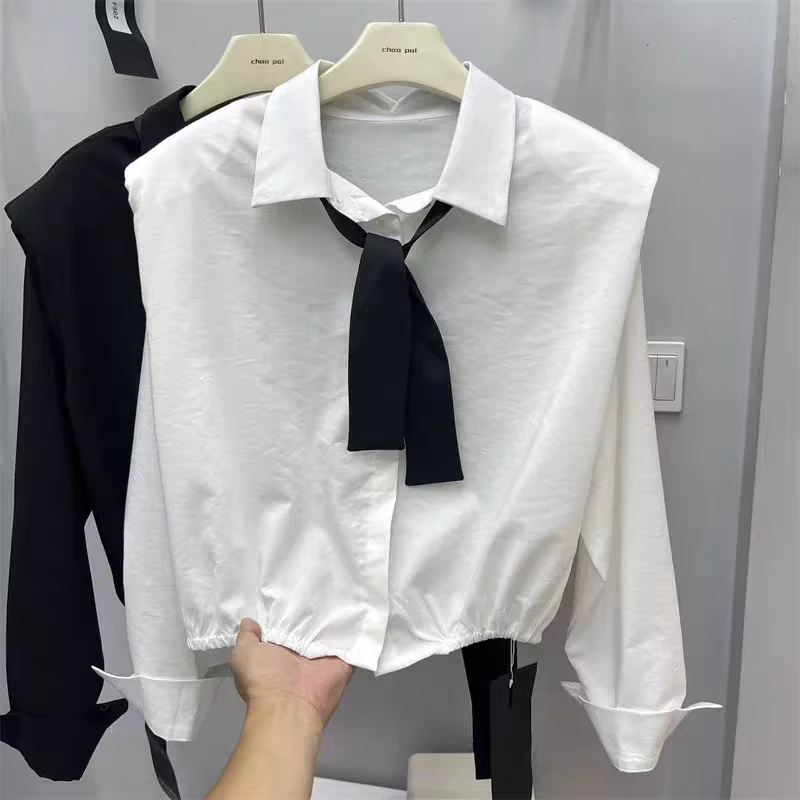 989#早秋新款设计感飘带垫肩长袖衬衫女气质减龄法式小众