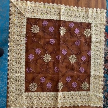 ZN066-3蕾丝【60*60】车股绣酒红色手工订制金色花朵水溶花边桌布