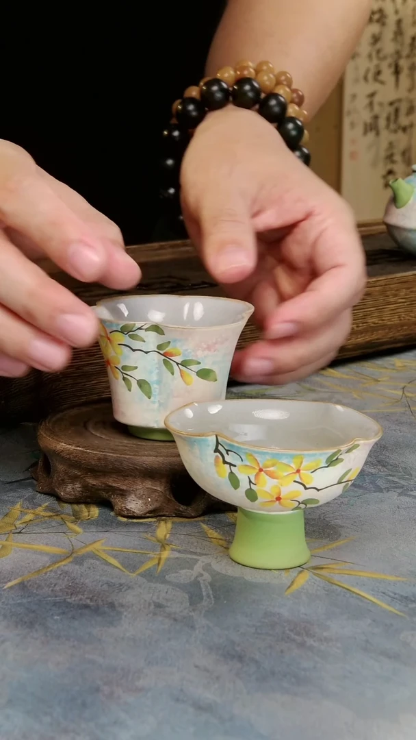 亘古茶具柴烧精品@手绘桂花两杯