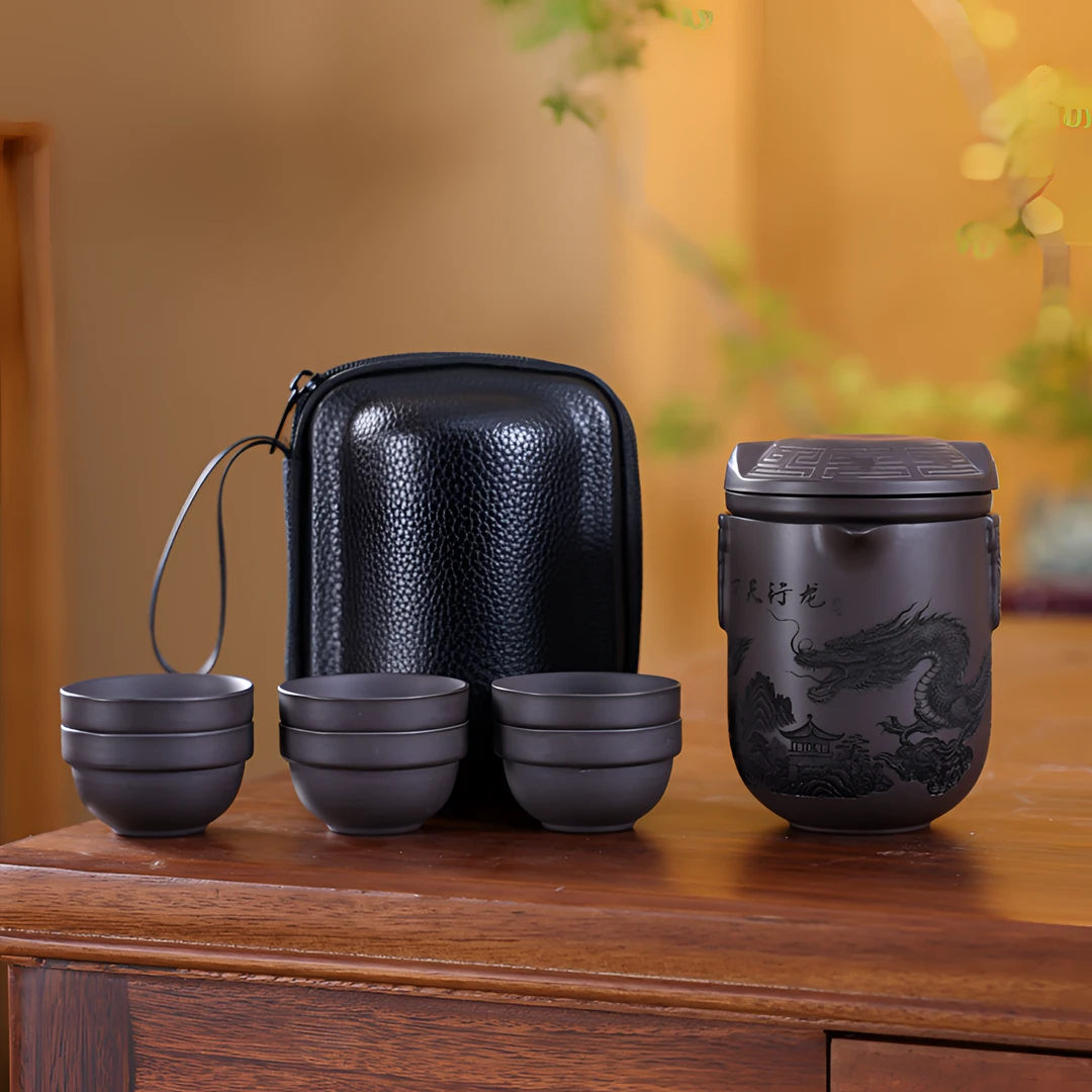紫砂龙行天下旅行茶具手工精雕套装家用防烫户外高档便携式茶器