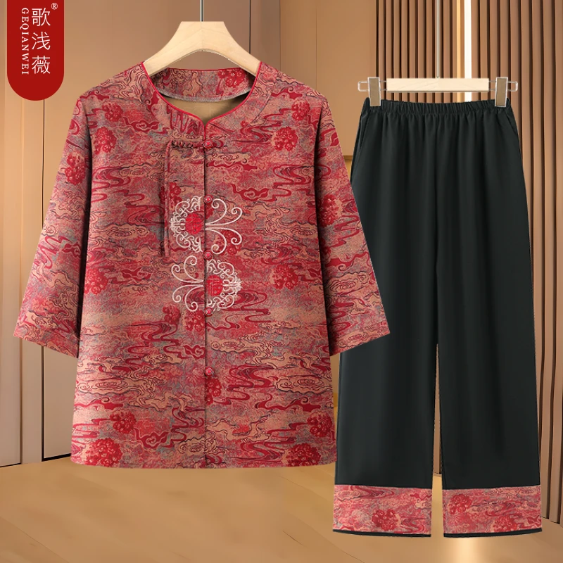 奶奶夏装中袖套装女中老年人衬衫妈妈夏季国风两件套休闲老人衣服