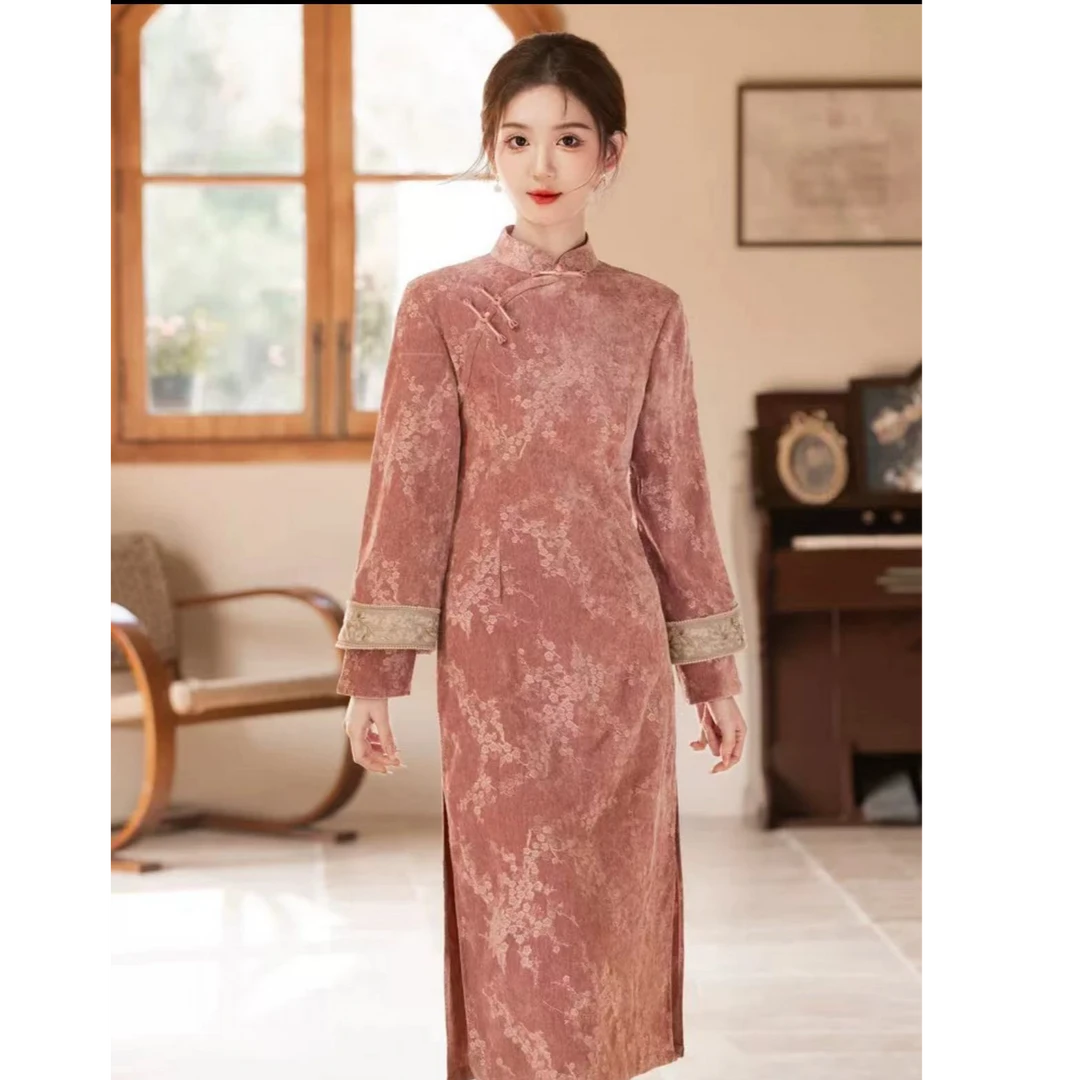 017-春秋粉色  梅花   织带 双袖 淑女 旗袍