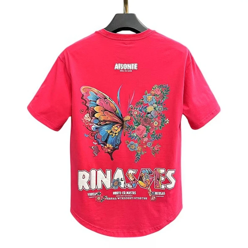 新款春夏温变蝴蝶短袖时尚百搭圆领半袖男女同款印花T恤-2516