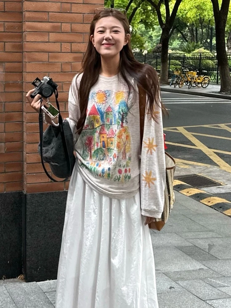小个子韩系独特绝美宽松好看风洋气大码减龄灰色印花防晒T恤罩衫