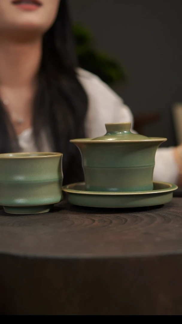 杯子竹节马蹄盖碗+竹节杯 汝州原产地  原矿老釉