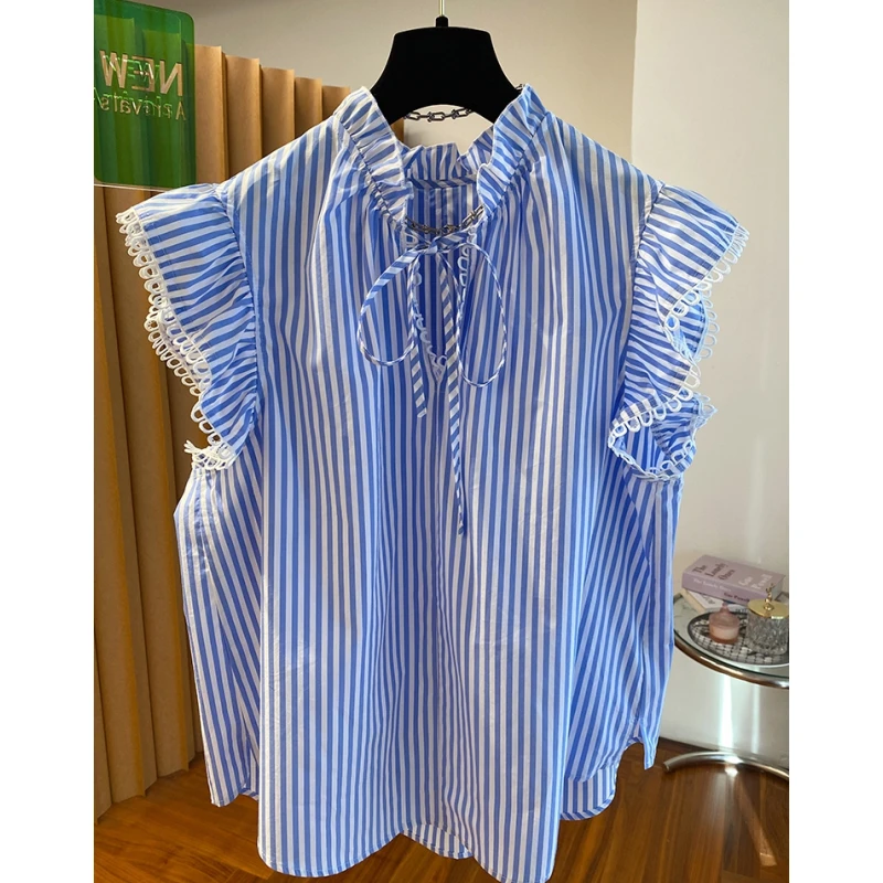 法式蓝色条纹荷叶边小飞袖衬衫女短袖2025新款宽松别致漂亮上衣夏