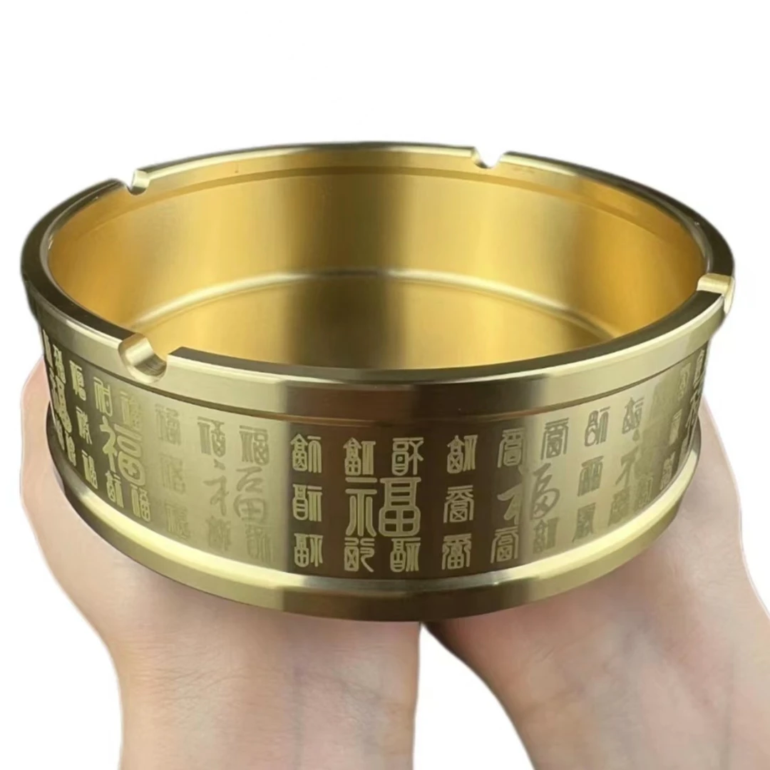 [老黄铜器]黄铜加大号百福烟灰缸回纹五牛送福办公室车载家用摆件