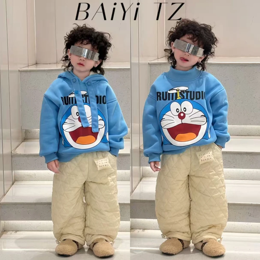 冬季新款套装儿童卡通叮当猫卡通可爱加绒卫衣儿童空气格棉裤