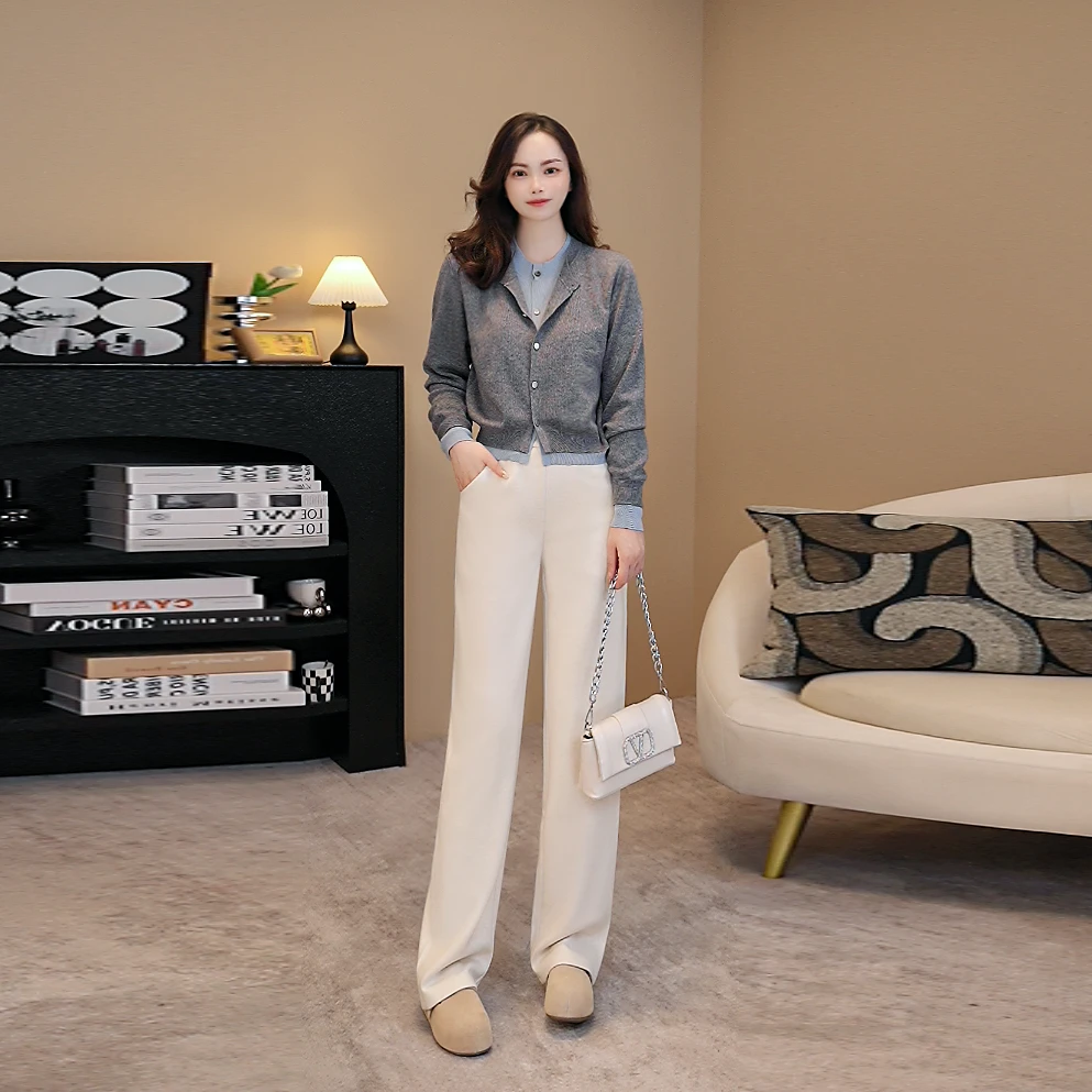 绵羊毛醋酸秋冬高腰窄版裤子女装直播保暖裤长裤显瘦气质时尚