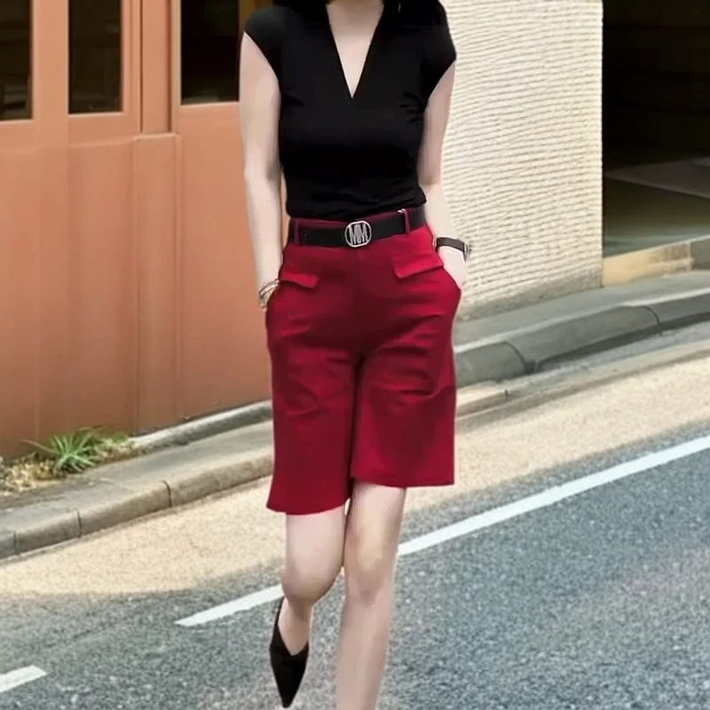 2025气质夏季新款V领无袖修身上衣高腰五分裤时尚显瘦网红洋气