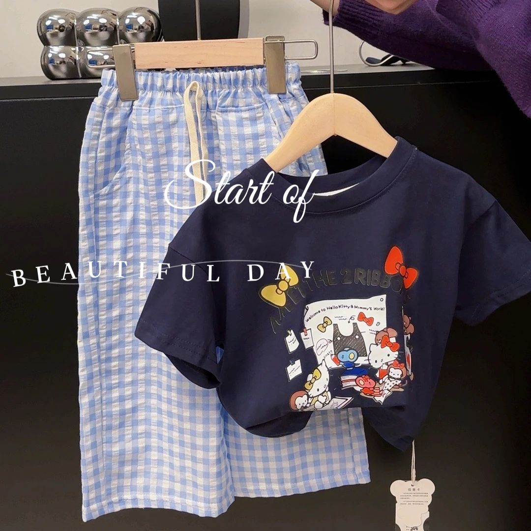 夏季全新2025时尚印花KT猫乐园短袖套装休闲帅气卡通儿童