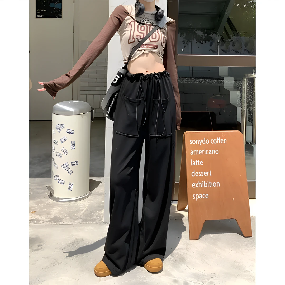 高个子175加长设计大口袋抽绳阔腿卫裤2025春季宽松拖地休闲长裤