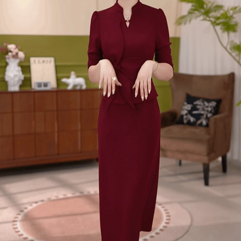 A709【连衣裙】2025早秋新款高贵气质中式优雅修身显瘦红色连衣裙