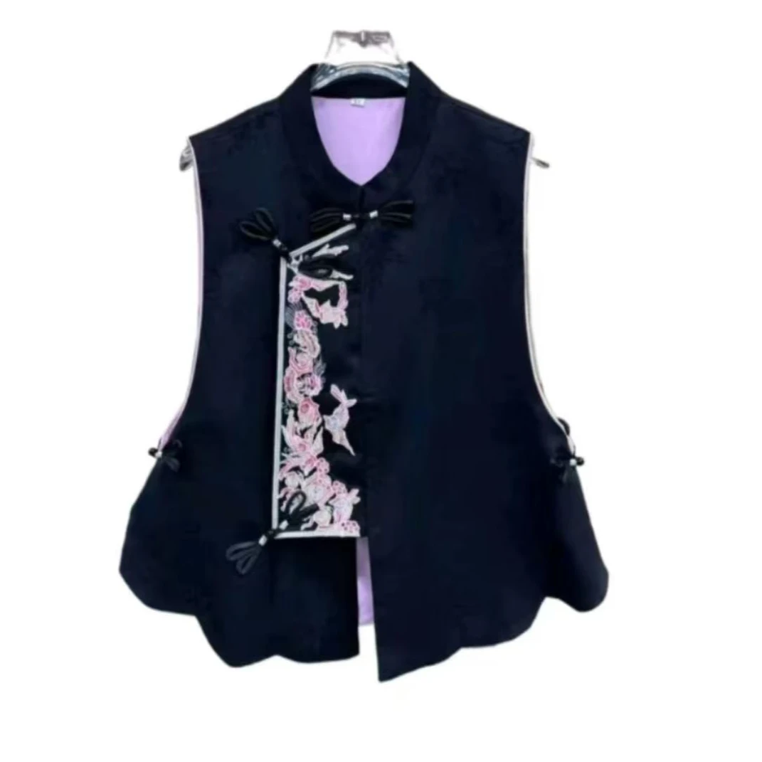 087复古国潮风重工刺绣立领马甲女新款设计感斜襟时尚