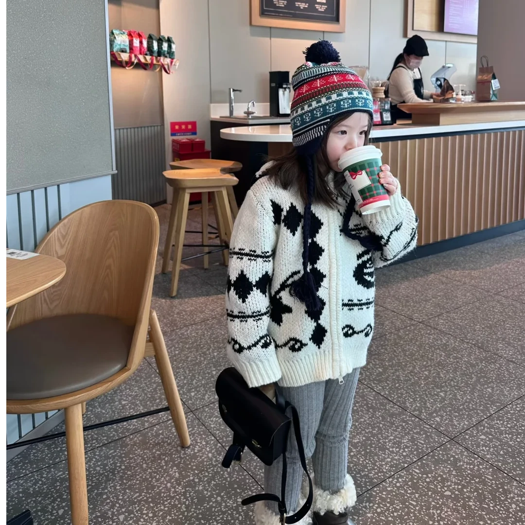 壹妈童装女童韩版休闲风条纹厚款连帽时髦针织外套灰色百搭打底裤