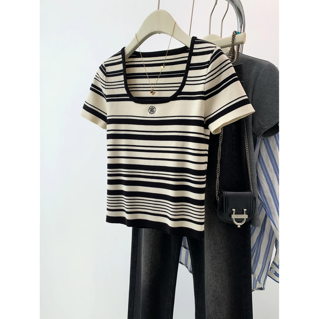 美式条纹方领短袖t恤女夏季2025新款爆款设计感小众正肩上衣夏款